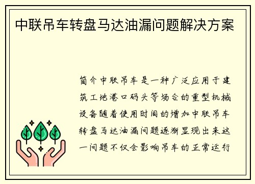 中联吊车转盘马达油漏问题解决方案